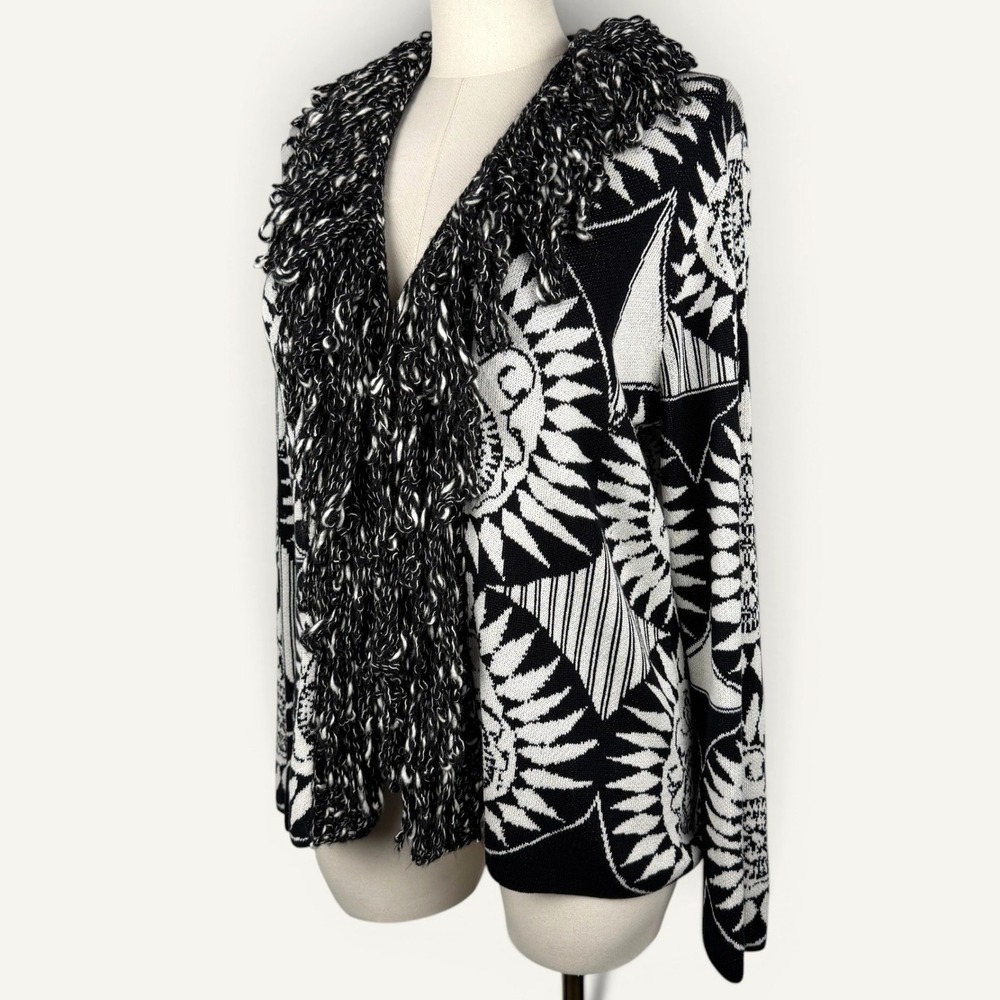 VTG Chico's Silk Blend Art to Wear Intarsia Cardigan Boho Fringe Size XL
